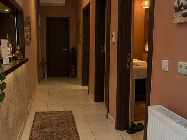 Fayans zeminli, halılı salon koridoru — Beykent, Masaj Salonun